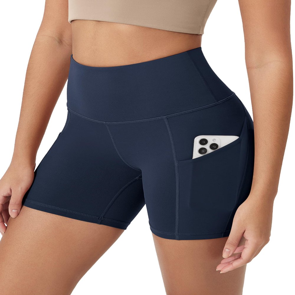 ODODOS 5" Tummy Control Biker Shorts for Women with Pockets High Waist Athletic Workout Yoga Shorts, Navy, Medium