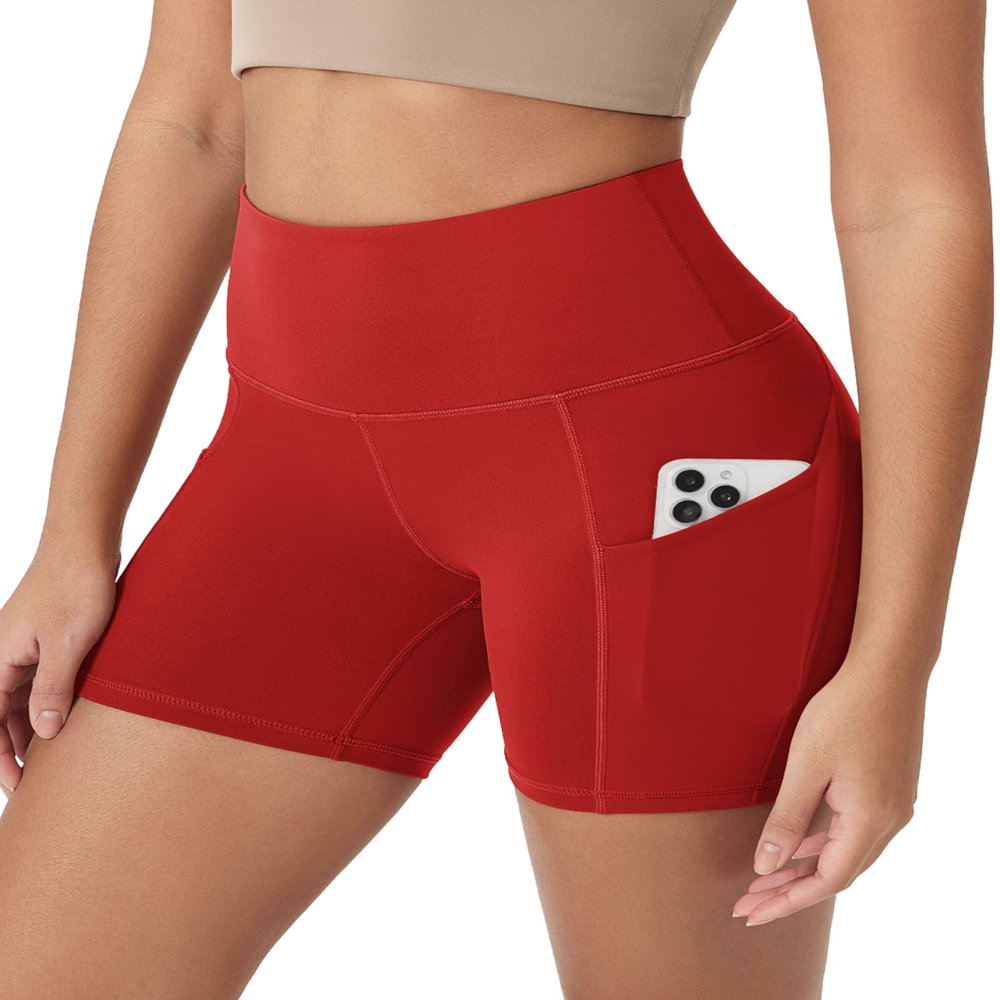 ODODOS 5" Tummy Control Biker Shorts for Women with Pockets High Waist Athletic Workout Yoga Shorts, Red, Small