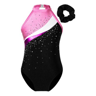 FEESHOW Leotards for Girls Sequins Sleeveless Dance Gymnastics Bodysuit Athletic Tank Top Bodysuit with Hairband Pink 8 Years