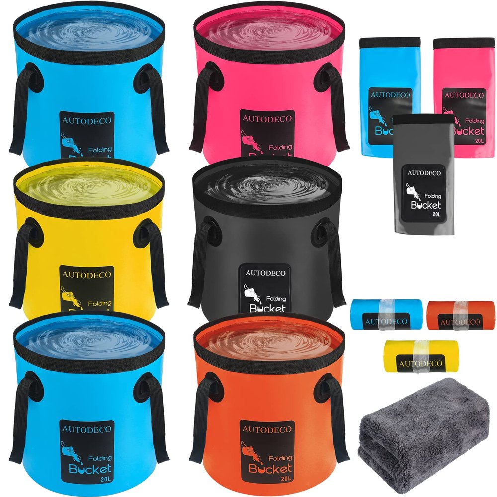 AUTODECO 6 Pack Collapsible Bucket 5 Gallon Container Folding Water Bucket Portable Wash Basin for Outdoor Travelling Camping Fishing Gardening Car Washing 2 Blue&1 Orange&1 Yellow&1 Pink&1 Black