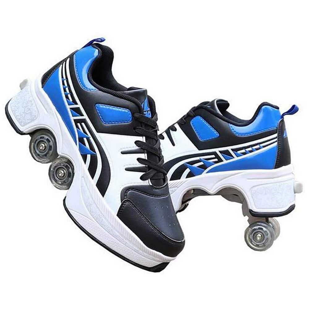 LDRFSE Double-Row Deform Wheel Automatic Walking Shoes Invisible Deformation Roller Skate 2 in 1 Male and Female Skating Shoes Multifunctional Outdoor Walking Sneakers Blue Black