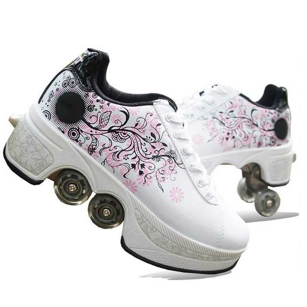 LDRFSE Double-Row Deform Wheel Automatic Walking Shoes Invisible Deformation Roller Skate 2 in 1 Male and Female Skating Shoes Multifunctional Outdoor Walking Sneakers