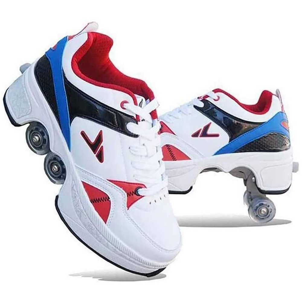 LDRFSE Double-Row Deform Wheel Automatic Walking Shoes Invisible Deformation Roller Skate 2 in 1 Male and Female Skating Shoes Multifunctional Outdoor Walking Sneakers White Blue