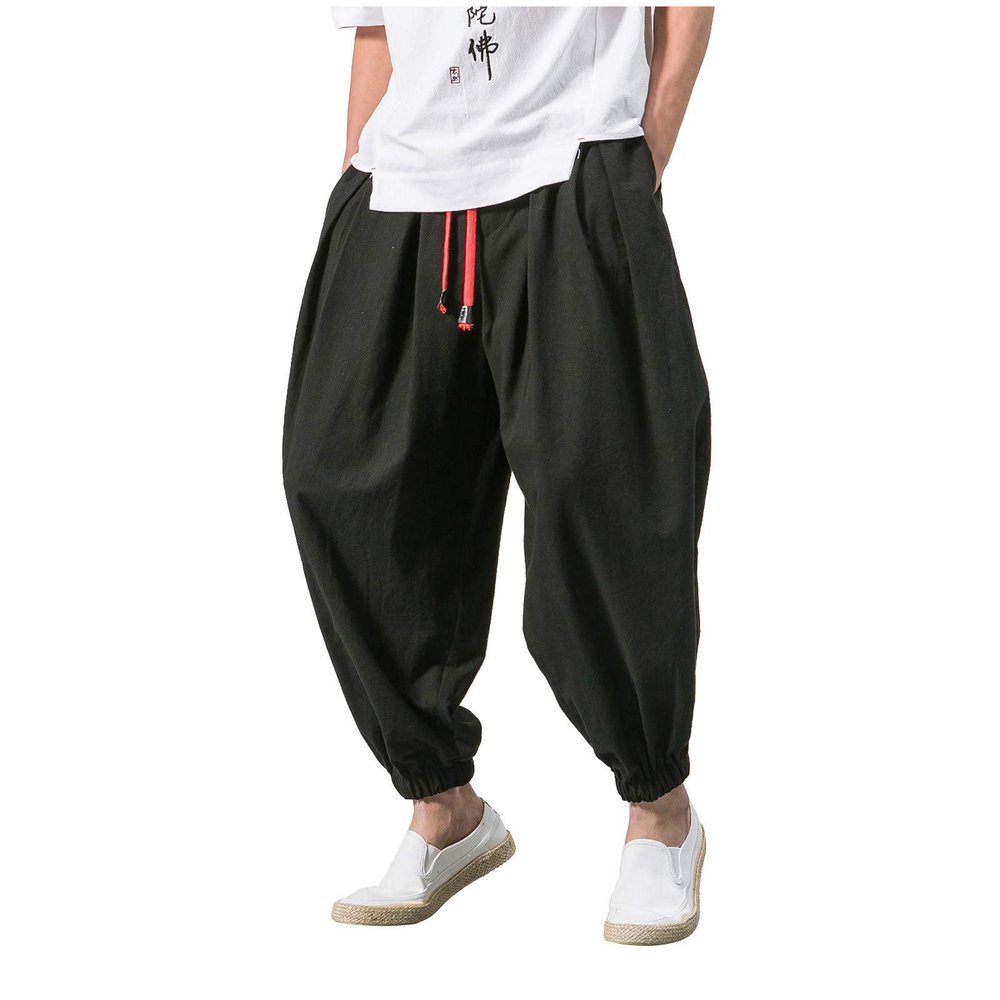 DAZLOR Mens Hip Hop Harem Pants Japanese Baggy Drop Crotch Wide Leg Joggers Summer Casual Loose Boho Hippie Yoga Beach Pants Black