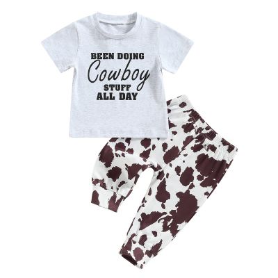 Kayotuas Western Baby Boy Clothes Letter Print Short Sleeve T-shirt Tops Solid Color Jogger Pants Set 2Pcs Infant Cowboy Outfit (White Cowboy, 18-24 Months)