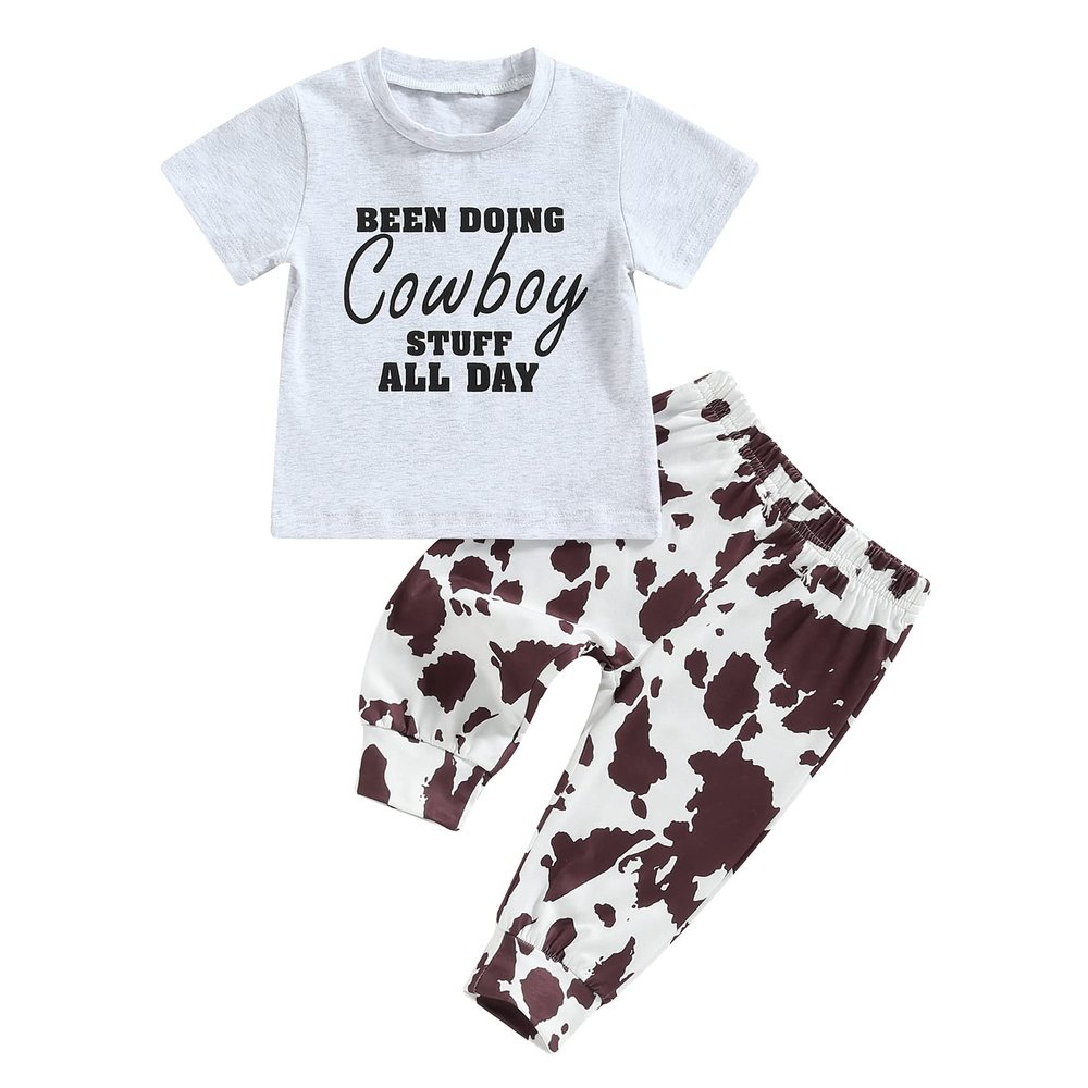 Kayotuas Western Baby Boy Clothes Letter Print Short Sleeve T-shirt Tops Solid Color Jogger Pants Set 2Pcs Infant Cowboy Outfit (White Cowboy, 18-24 Months)