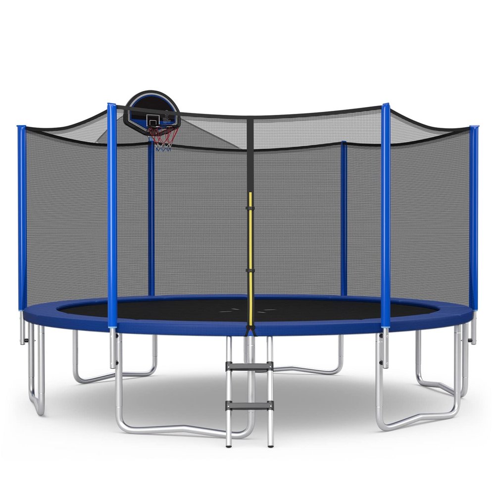 GYMAX Trampoline for Kids, ASTM Approved 12FT 14FT 15FT 16FT Recreational Toddler Trampoline with Enclosure Net, Basketball Hoop, Basketball & Pump, Rebounder for Adults (14FT)