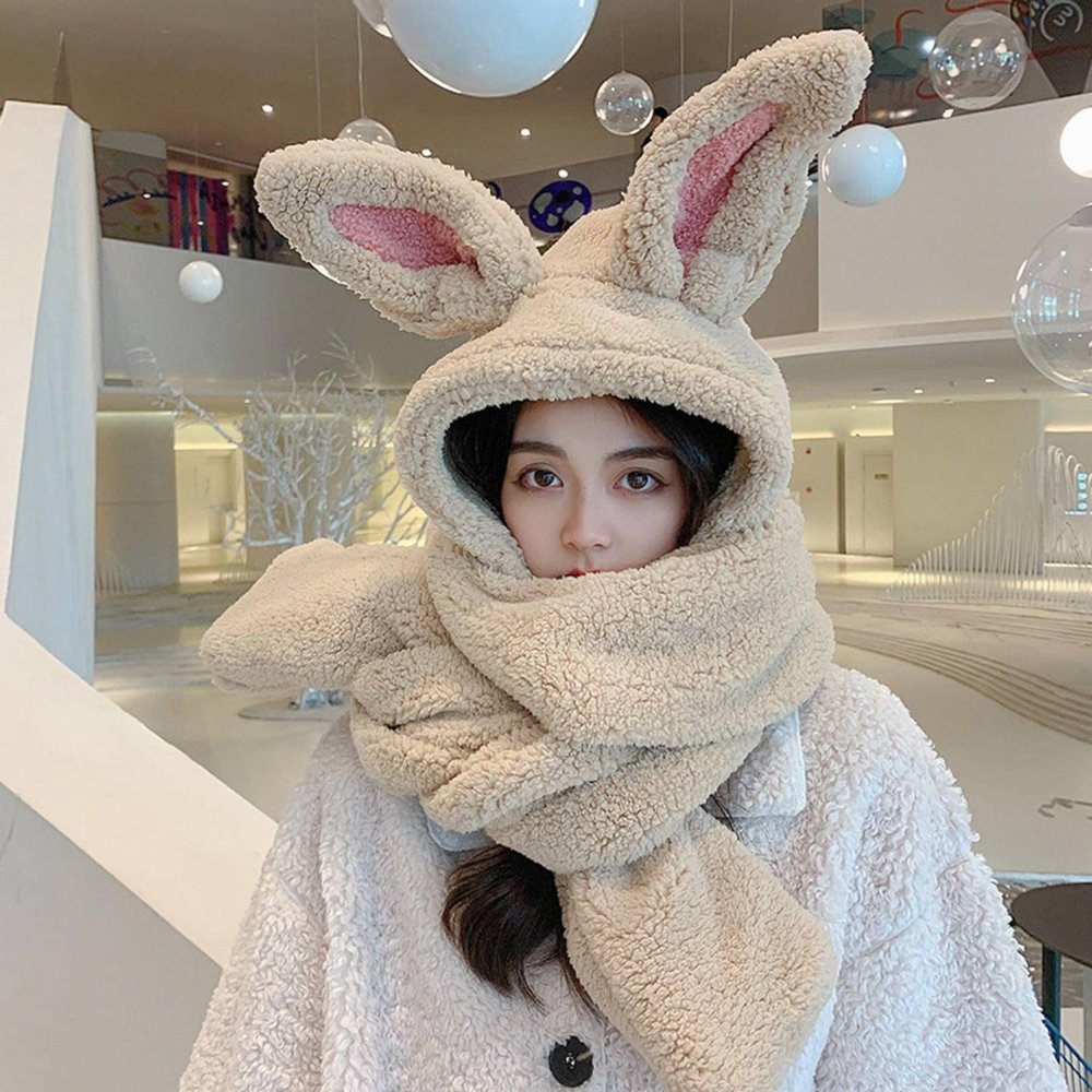 MBETA Autumn and Winter Female Sweet Rabbit Ears Lamb Wool Scarf hat Integrated Ushanka Warm kit Student