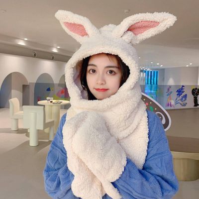 MBETA Autumn and Winter Female Sweet Rabbit Ears Lamb Wool Scarf hat Integrated Ushanka Warm kit Student