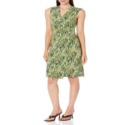 Kasper Womens Sleeveless Signature Wrap Business Casual Dress, Kiwi Multi/Kiwi, 18 US
