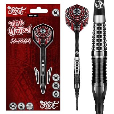 Shot Darts Soft Tip, Tribal Weapon Savage (18g/20g), 90% Tungsten Barrels, Front Weighted with Precision Grips | Professional Soft Tip Darts Set for Electronic Dartboard | Made in New Zealand