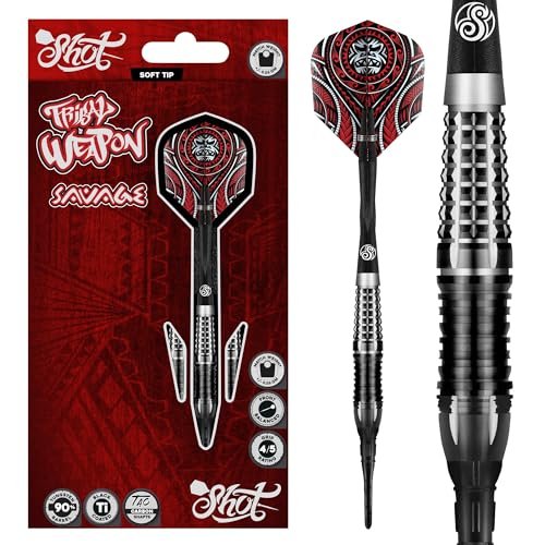 Shot Darts Soft Tip, Tribal Weapon Savage (18g/20g), 90% Tungsten Barrels, Front Weighted with Precision Grips | Professional Soft Tip Darts Set for Electronic Dartboard | Made in New Zealand