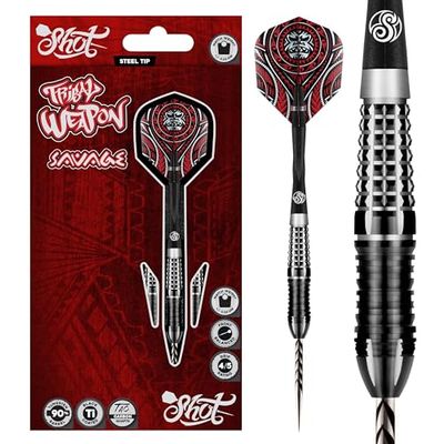 Shot Darts Steel Tip Tribal Weapon Savage (22g/23g/ 24g/25g/26g) 90% Tungsten, Front Weighted with Precision grips Handcrafted Professional Dart Set and Flights Made in New Zealand Metal Tip Bar Darts