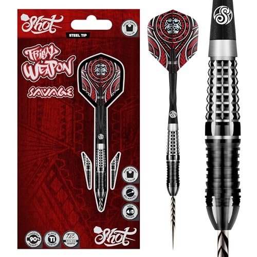 Shot Darts Steel Tip Tribal Weapon Savage (22g/23g/ 24g/25g/26g) 90% Tungsten, Front Weighted with Precision grips Handcrafted Professional Dart Set and Flights Made in New Zealand Metal Tip Bar Darts