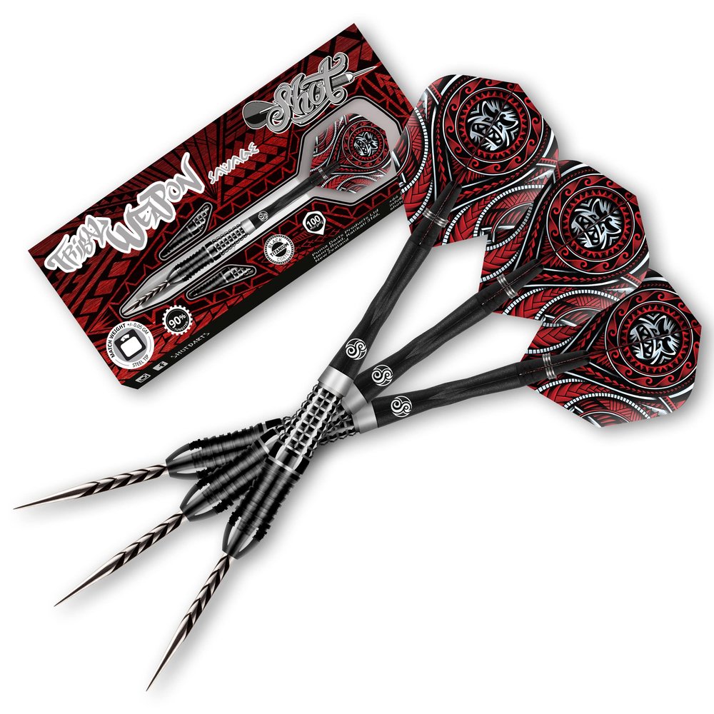 Shot Darts Steel Tip Tribal Weapon Savage (22g/23g/ 24g/25g/26g) 90% Tungsten, Front Weighted with Precision grips Handcrafted Professional Dart Set and Flights Made in New Zealand Metal Tip Bar Darts