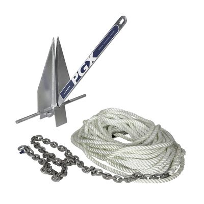 Lewmar PGX Galvanized Fluke Anchor Kit 8 lbs., for Boats up to 24', Includes Anchor, 5' of 1/4" G4 Chain, 125' of 1/2" 3-Strand rode - 2020222277