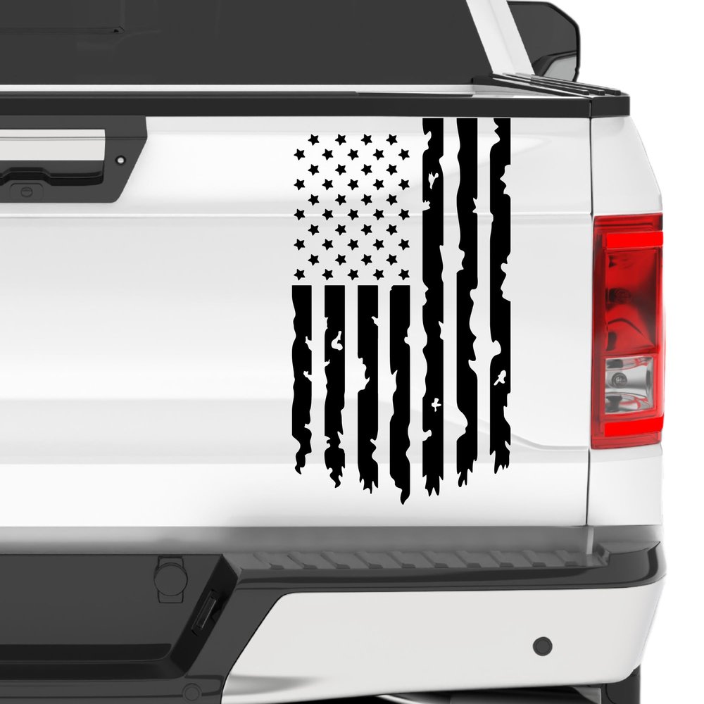Aldera Graphics Distressed American USA US Flag Truck Tailgate Vinyl Decal Compatible with Most Pickup Trucks - Rear Graphic Car Decal Sticker (10" x 18", Black)