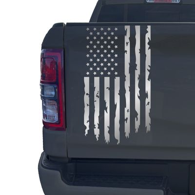 Aldera Graphics Distressed American USA US Flag Truck Tailgate Vinyl Decal Compatible with Most Pickup Trucks - Rear Graphic Car Decal Sticker (10" x 18") (Silver Grey Metallic)