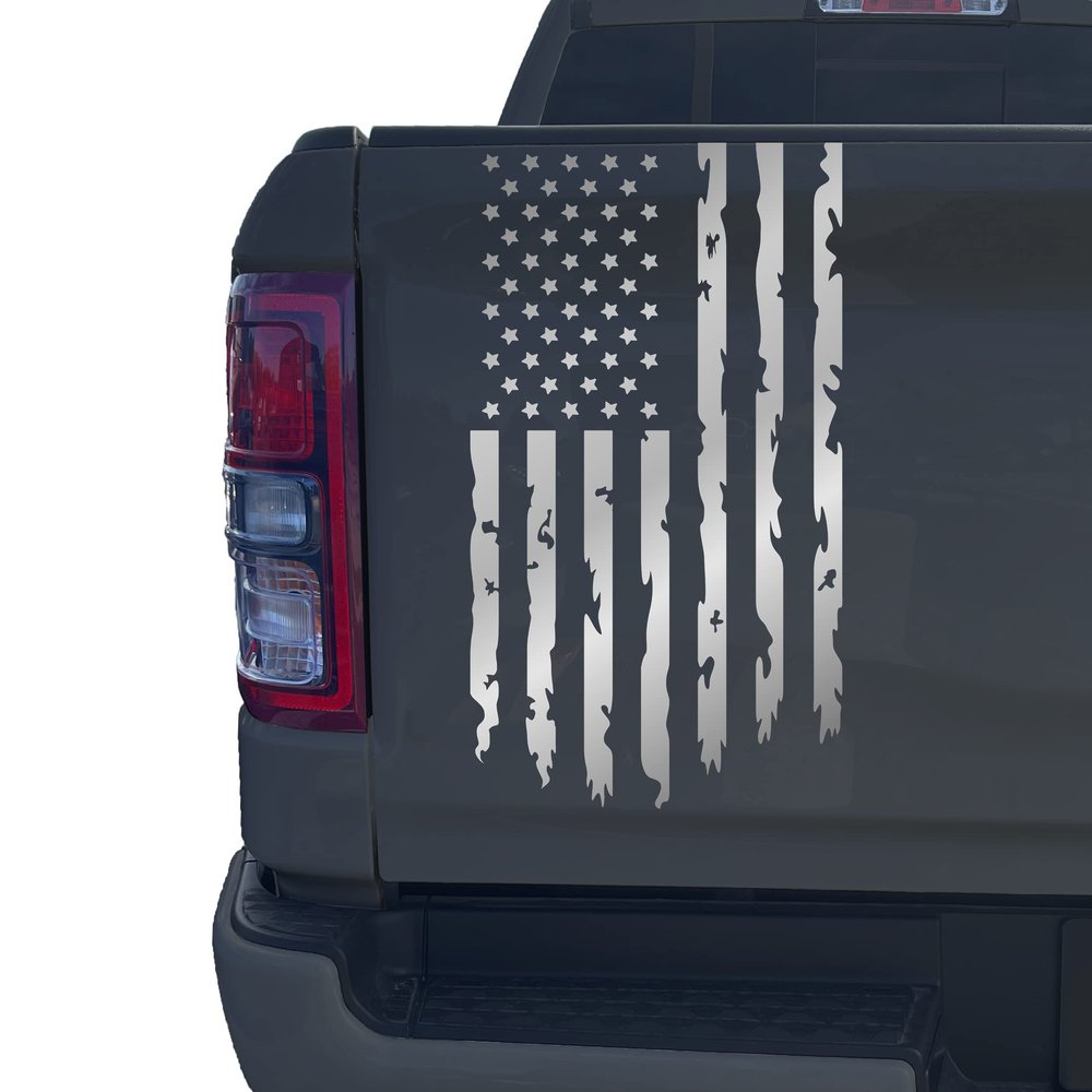 Aldera Graphics Distressed American USA US Flag Truck Tailgate Vinyl Decal Compatible with Most Pickup Trucks - Rear Graphic Car Decal Sticker (10" x 18") (Silver Grey Metallic)