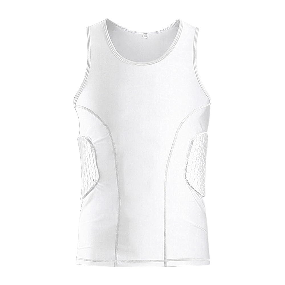 Mens Padded Football Shirt with Pads Chest Rib Protector Heart Guard Sternum Protection- Mens Padded Compression Shirt Football Rib Protectors for Baseball Basketball Paintball Rugby - White-S