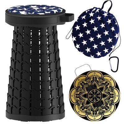 ALEVMOOM Upgraded Telescoping Collapsible Stool with Cushion, Folding Stool with Printing Portable Retractable Foldable Seat Max Load 550lbs for Adults Camping Fishing Outdoor