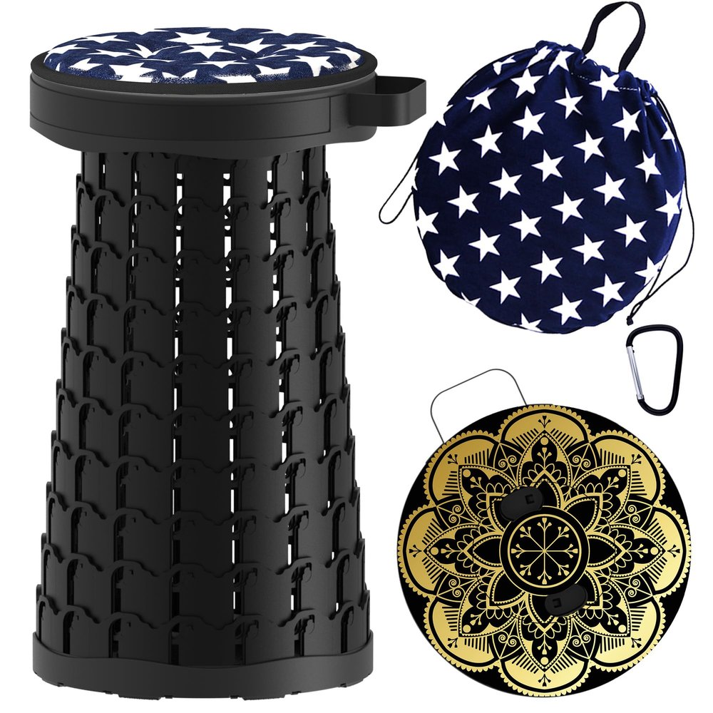 ALEVMOOM Upgraded Telescoping Collapsible Stool with Cushion, Folding Stool with Printing Portable Retractable Foldable Seat Max Load 550lbs for Adults Camping Fishing Outdoor