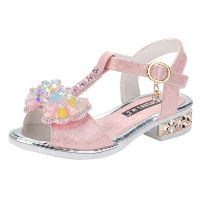 Children Shoes Fashion Thick Soles with Diamond Butterfly Sandals Summer Open Toe Student Dance Girls Wedding Sandals (Pink, 4-4.5 Years Little Child)