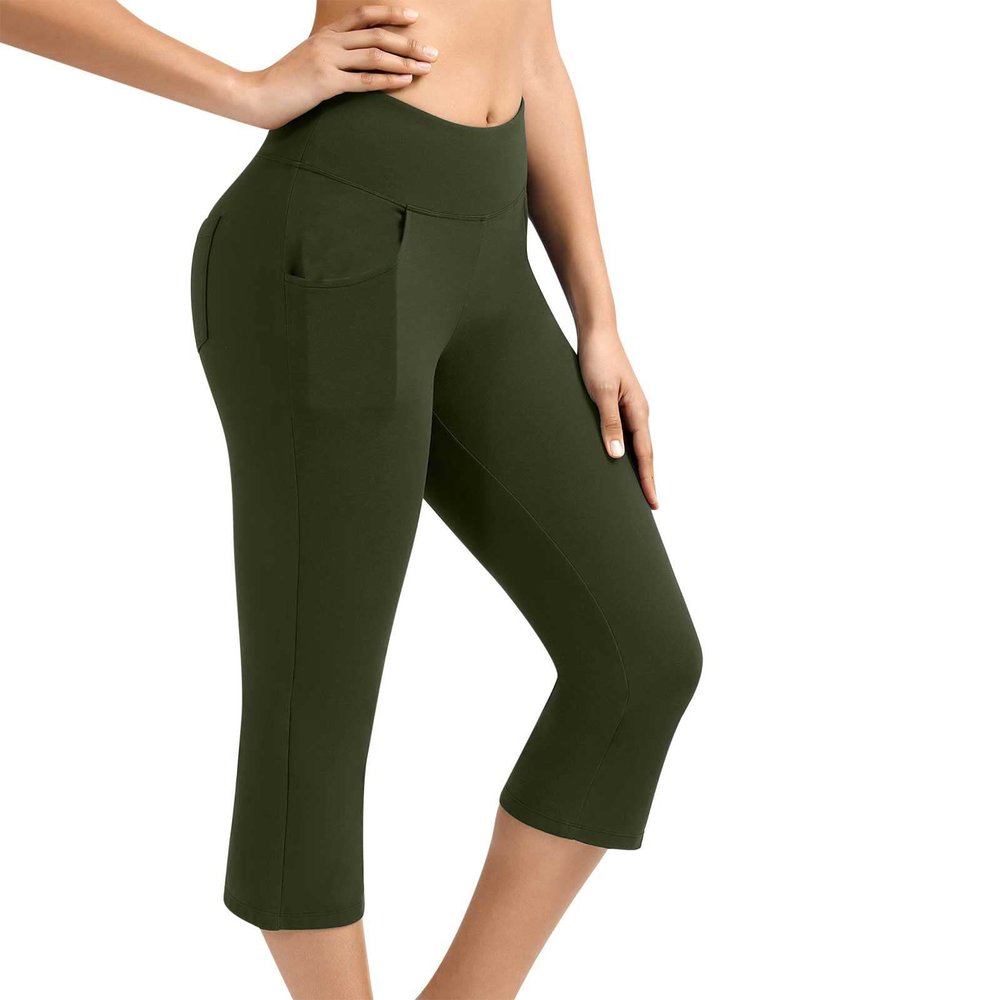XUNRYAN Womens Capri Yoga Pants with Pockets Essential High Waisted Legging for Workout Active Gym Biker Athletic Pants Army Green