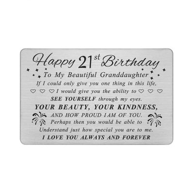 DEGASKEN Granddaughter 21st Birthday Card - Happy 21st Birthday Card for Granddaughter - Birthday Gifts for 21 Year Old Granddaughters - Beautiful Metal Engraved Wallet Cards
