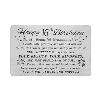 DEGASKEN 16th Birthday Card for Granddaughter - Granddaughter 16th Birthday Card - Happy Sweet 16 Birthday Cards Gifts for Girls - Beautiful Metal Engraved Wallet Cards