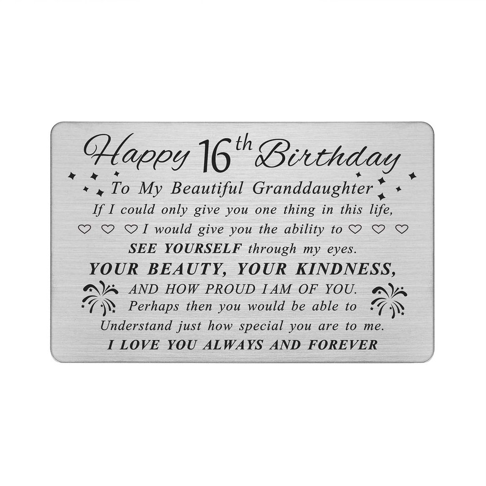 DEGASKEN 16th Birthday Card for Granddaughter - Granddaughter 16th Birthday Card - Happy Sweet 16 Birthday Cards Gifts for Girls - Beautiful Metal Engraved Wallet Cards