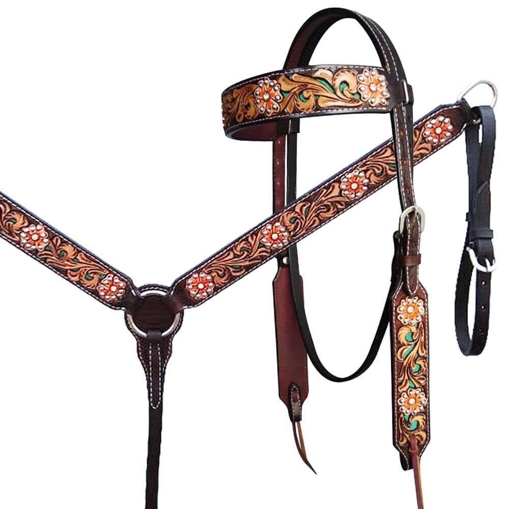 Western Horse Headstall Breast Collar Tack Set Leather Floral Tooled Handmade Full Cob Pony Breastplate ME-HBC-004 (Full)