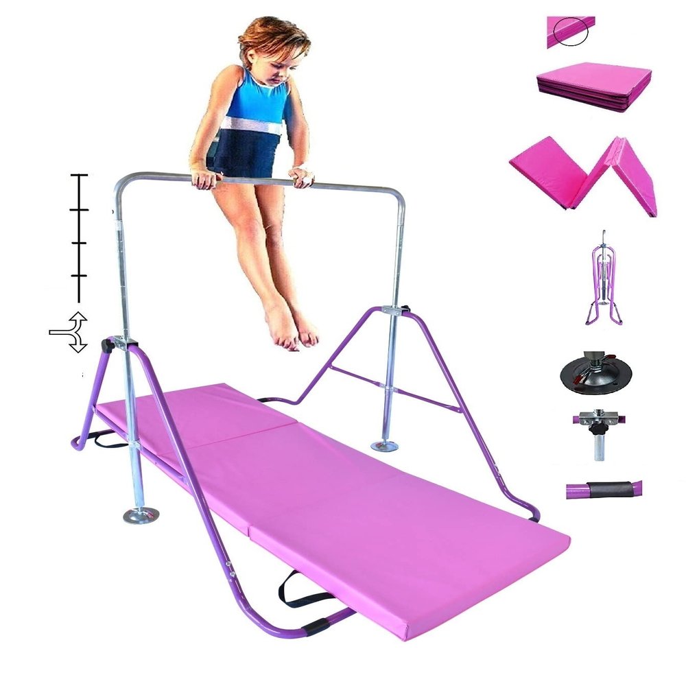Gymnastics Training Kip Bar for Kids with 6'x2' Tumble Mat | Height Adjustable Horizontal Bar Indoor Home Gym | Folding Jungle Gym Monkey Bar Junior Gymnastic Training Bar Gymnastic Equipment (Purple)