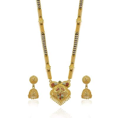 Aport Home Presents Traditional Necklace Pendant Gold Plated Glorious Hand Meena 30 Inch Long 2 Inch Earring Set Mangalsutra/Tanmaniya/Nallapusalu/Black Beads #Aport-2051