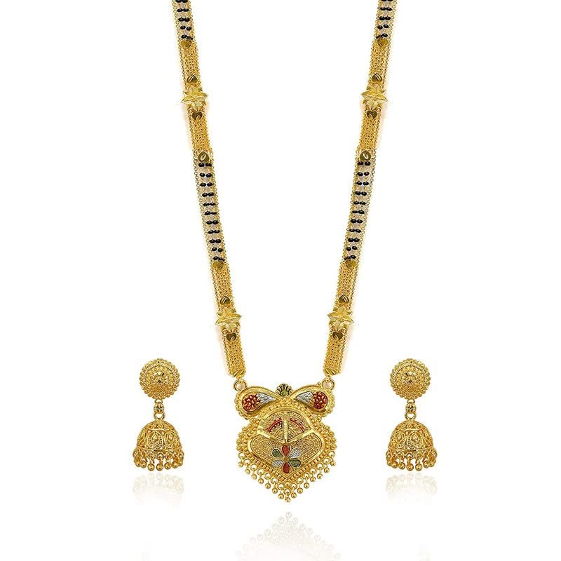 Aport Home Presents Traditional Necklace Pendant Gold Plated Glorious Hand Meena 30 Inch Long 2 Inch Earring Set Mangalsutra/Tanmaniya/Nallapusalu/Black Beads #Aport-2051