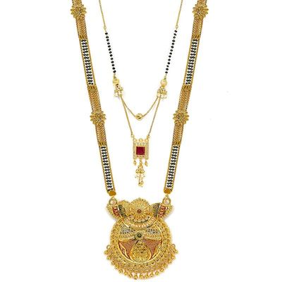 Aport Home Presents Traditional Necklace Pendant Gold Plated Hand Meena 30Inch Long and 18Inch Short Combo of 2 Mangalsutra/Tanmaniya/Nallapusalu/Black Beads for Women #Aport-1678