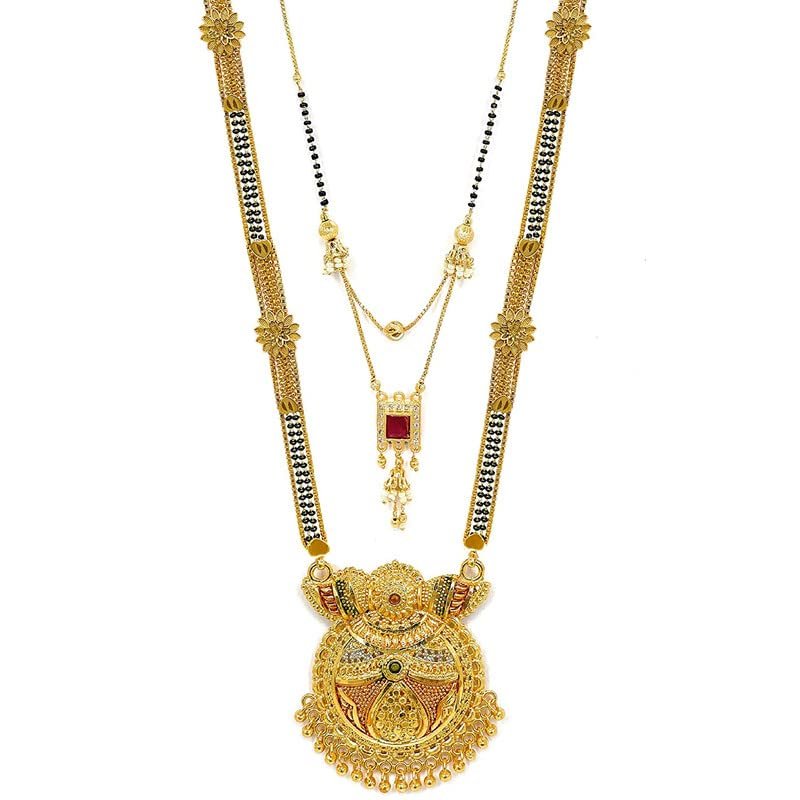 Aport Home Presents Traditional Necklace Pendant Gold Plated Hand Meena 30Inch Long and 18Inch Short Combo of 2 Mangalsutra/Tanmaniya/Nallapusalu/Black Beads for Women #Aport-1678