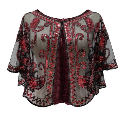 Awoscut Women's Sequin Deco Evening Crop Cardigan Top Cape Vintage Shawl Wraps for Wedding,Bridesmaid, Prom Scarf (Black Red, One Size)