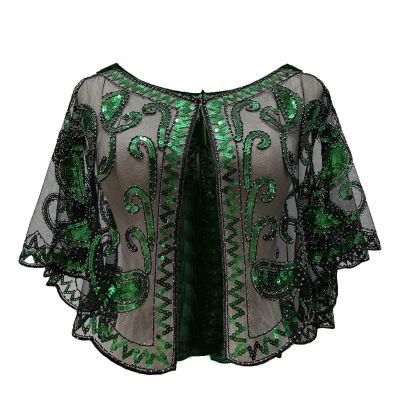 Awoscut Women's Sequin Deco Evening Crop Cardigan Top Cape Vintage Shawl Wraps for Wedding,Bridesmaid, Prom Scarf (Black Green, One Size)