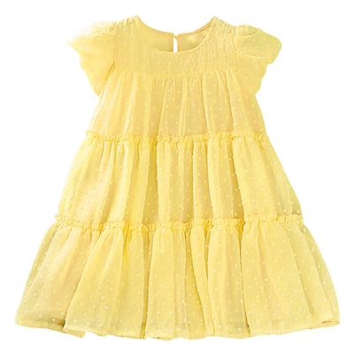 AGQT Flower Girls Ruffle Dress Loose Fit Swiss Dots Flowy Pleated Dress Summer Tunic Birthday Chiffon Dress Light Yellow Size 2-3T