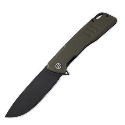 Petrified fish PFB02 Loco Pocket Knife, 3.70" D2 Satin Blade Camping Knife, 5.29oz G10 Handle Flipper Liner lock Folding knife for EDC (Green Black Stonewashed)