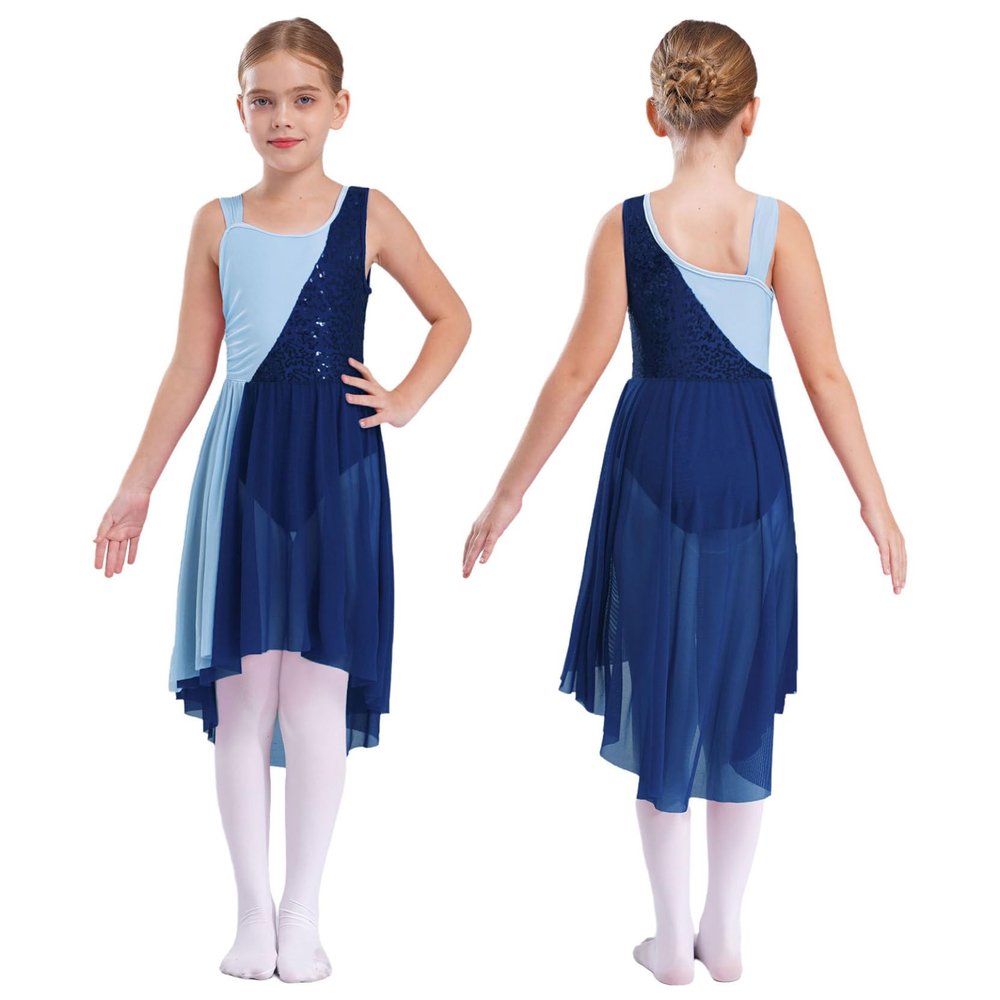 Loyan Kids Girl's Irregular High-Low Skirt Hollow Back Gymnastics Leotard Dancing Costume Lyrical Dance Dress Navy Blue B 8 Years