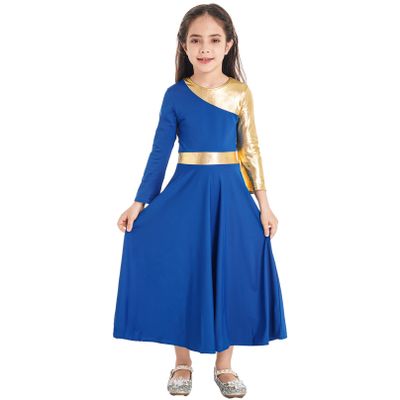 Agoky Girls Metallic Praise Dance Dress Long Sleeve Liturgical Worship Full Length Church Robe Lyrical Dancewear Costume Royal Blue C 8 Years