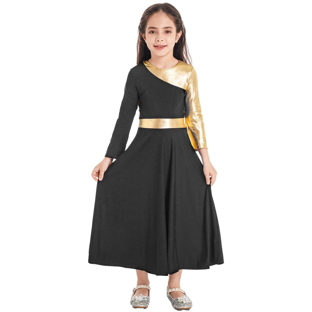 Agoky Girls Metallic Praise Dance Dress Long Sleeve Liturgical Worship Full Length Church Robe Lyrical Dancewear Costume Black C 6 Years