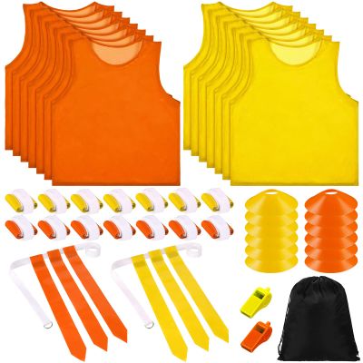 Sratte Flag Football Set 14 Player Football Flags 14 Nylon Mesh Pinnies Jerseys 14 Adjustable Belt 12 Cones for Training(Yellow, Orange)