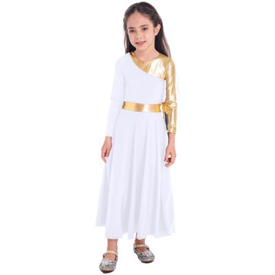 Agoky Girls Metallic Praise Dance Dress Long Sleeve Liturgical Worship Full Length Church Robe Lyrical Dancewear Costume White C 12 Years