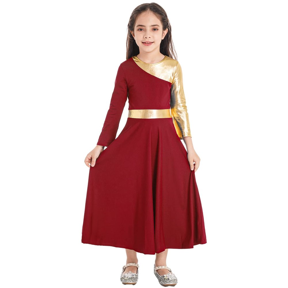 Agoky Girls Metallic Praise Dance Dress Long Sleeve Liturgical Worship Full Length Church Robe Lyrical Dancewear Costume Red C 8 Years