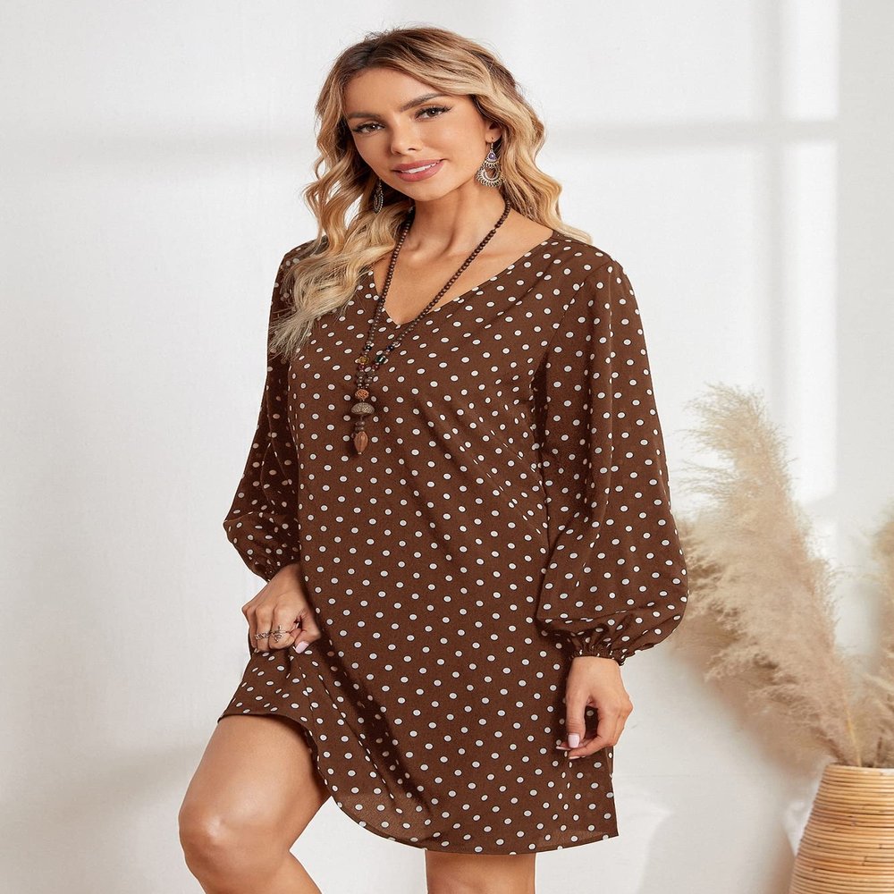 2022 Women's Dresses Polka Dot Lantern Sleeve Dress Women's Dresses (Color : Coffee Brown, Size : X-Small)