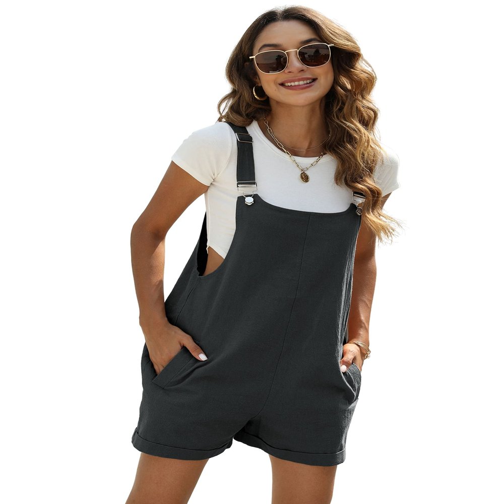 Fiona Jolin Women's Summer Cotton Linen Short Overalls Casual Bib Overall Shorts Rompers with Pockets (DarkGrey-XXL)