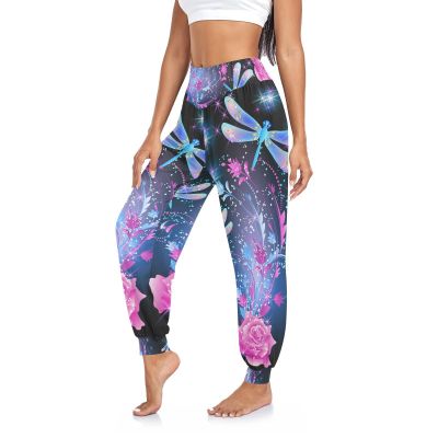 Aflyko Women Dance Pants Dragonfly Neon Flower Boho Trousers Yoga Sweatpants High-Waisted Workout Loose Fit Harem Pants XL